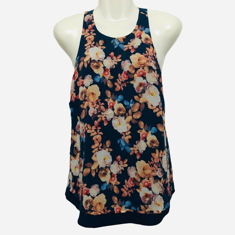 J Crew Silk Floral Tank Navy Blue Pink Size 6